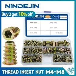 NINDEJIN 185pcs Thread Insert Nut Set Zinc Alloy M4 M5 M6 M8 Wood Inserts Nut Kit Hexagon Head Furniture Nut