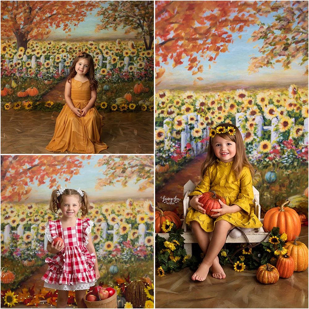 

Fall Sunflower Field Photo Background Oil Painting Autumn Photo Studio Props Kids Portrait Cake Smash Photography Backdrop Cloth