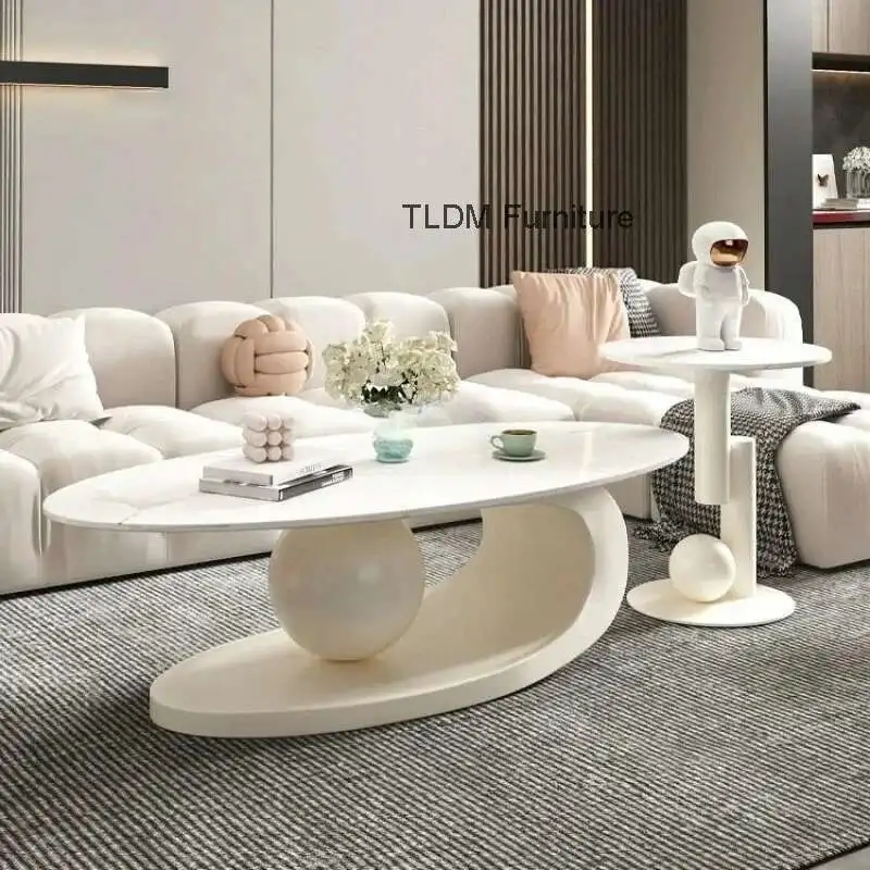 

Italian Light Luxury Coffee Table for Office High-end Rock Board Smooth Tables Cream Style Unique Oval Side Table for Apartment