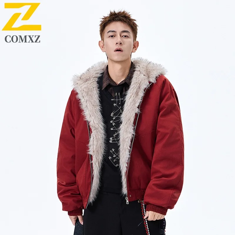 

COMXZ городская велосипедная мужская стеганая куртка с меховым воротником и капюшоном, уличная утолщенная теплая парка, удобная зимняя стеганая куртка в повседневном стиле