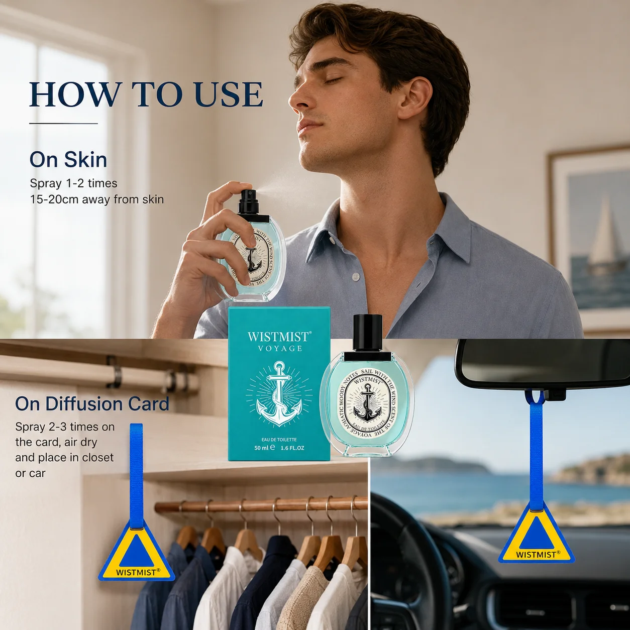 WISTMIST VOYAGE Men Eau De Toilette 50ml Fresh Green Aquatic Woody Scent Portable Marine Cologne Spray Dual Use Skin & Closet Car With Free Diffusion Card Daily Travel Perfume For Men view 6