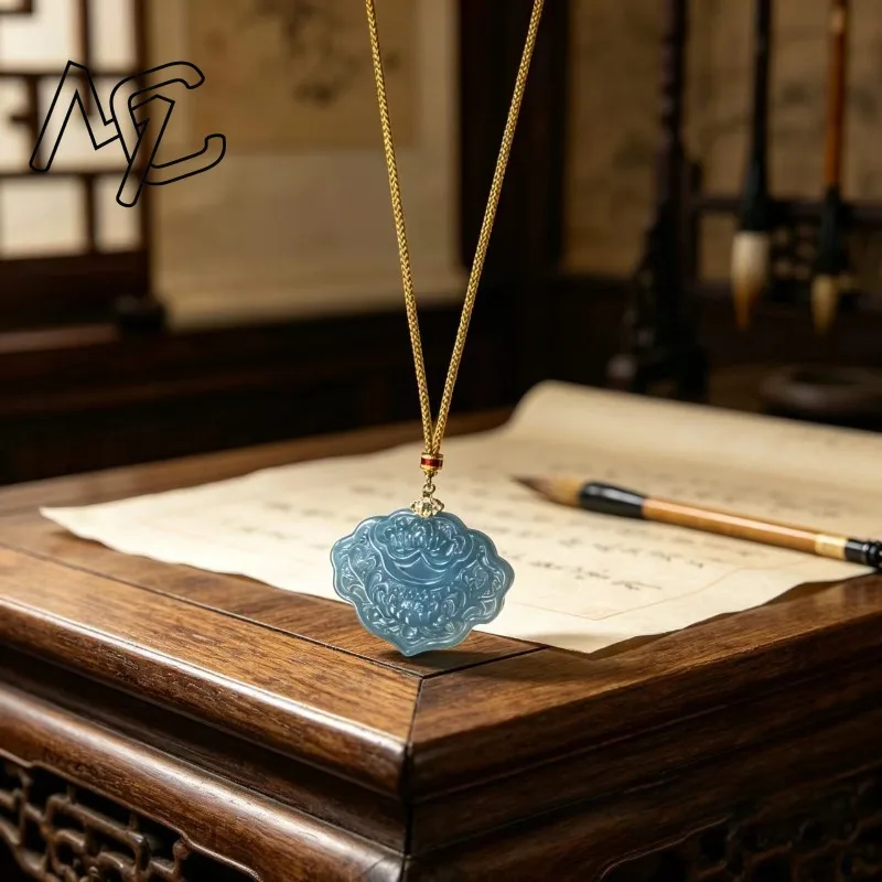 Natural Real Emerald Blue Water Lotus Ruyi Lock Pendant Myanmar Jadeite Necklace Jewelry Charm Designer Luxury Vintage Women
