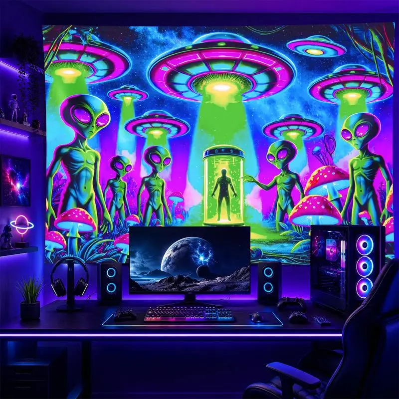 VIKAMA UV Reactive Alien UFO Tapestry Trippy Mushroom Space Galaxy Psychedelic For Bedroom Dorm Party Wall Decor Home