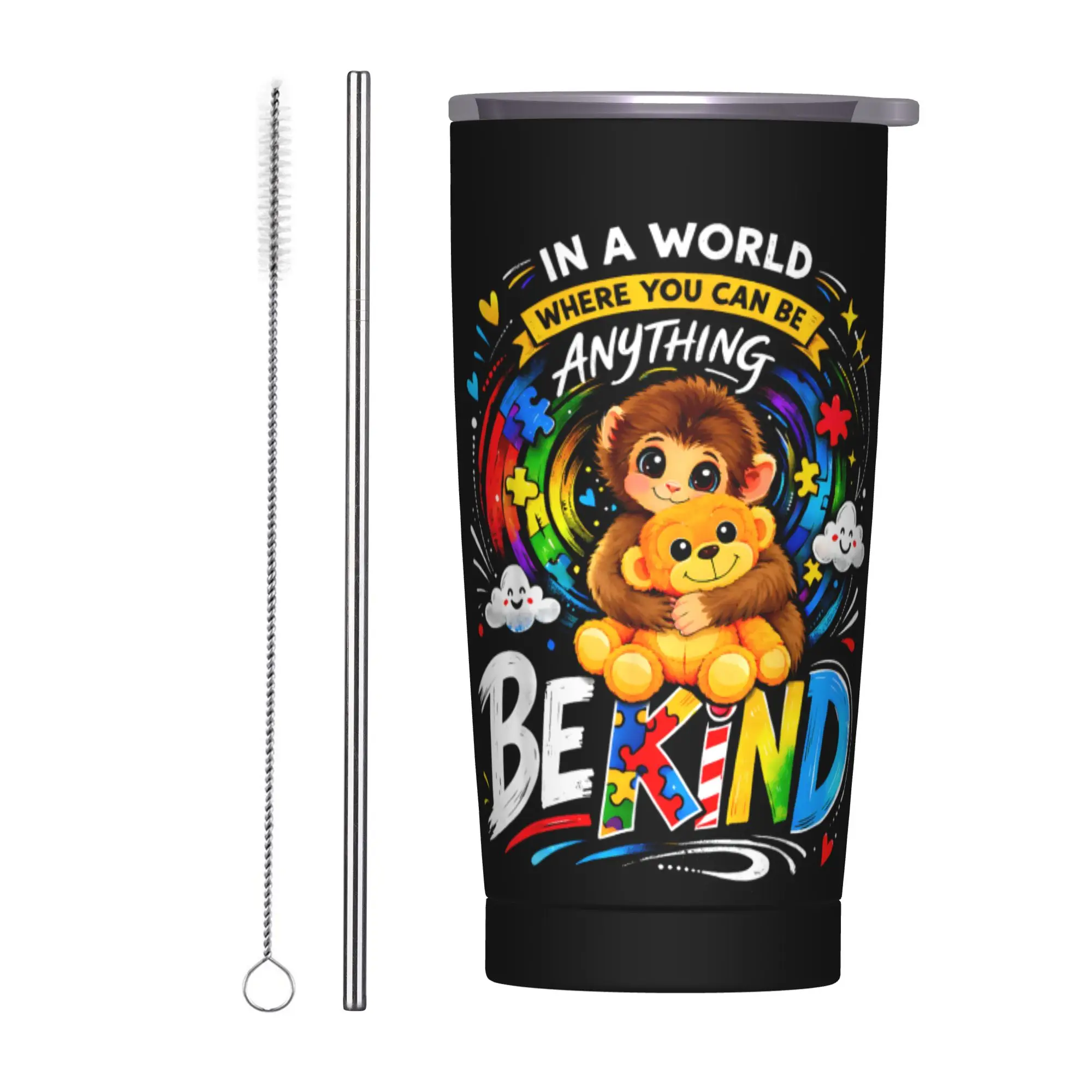Stainless Steel Tumbler Monkey Punch Autism Awareness Be Kind Thermal Mug  Insulated Cold Drink Car Mugs Camping Water Bottle