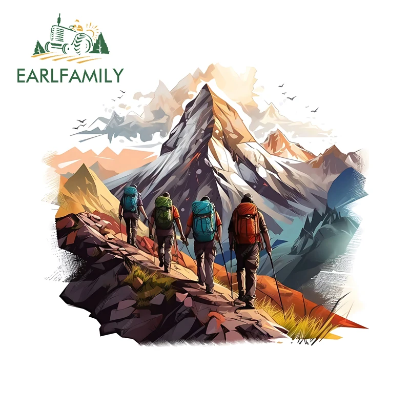 EARLFAMILY Mountain Climbing Hiking Car Stickers Fahionable Cartoon Graffiti Mountainhiker Table Decals High Quality RV Decor