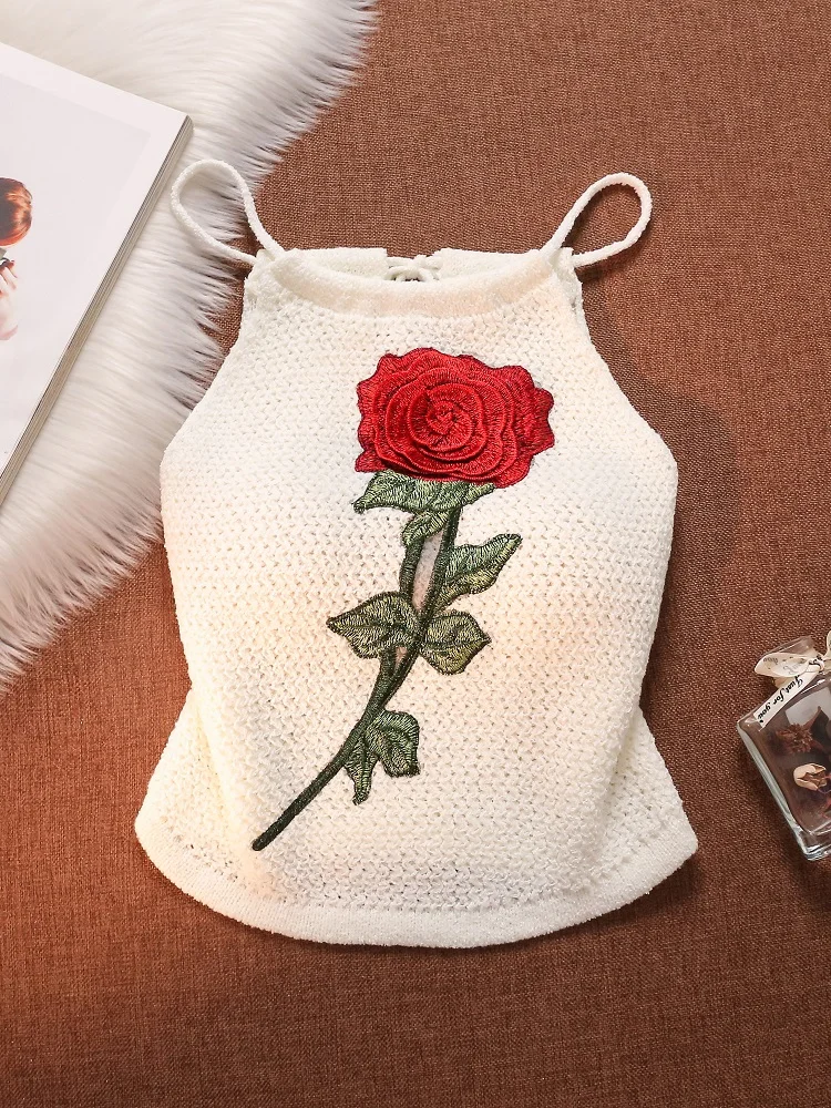 

Sexy Embroidered Rope Dstring Knitted Svel Vest Women's Outerwear High-End Feel Rose Pattern ort Sle Casual Wear