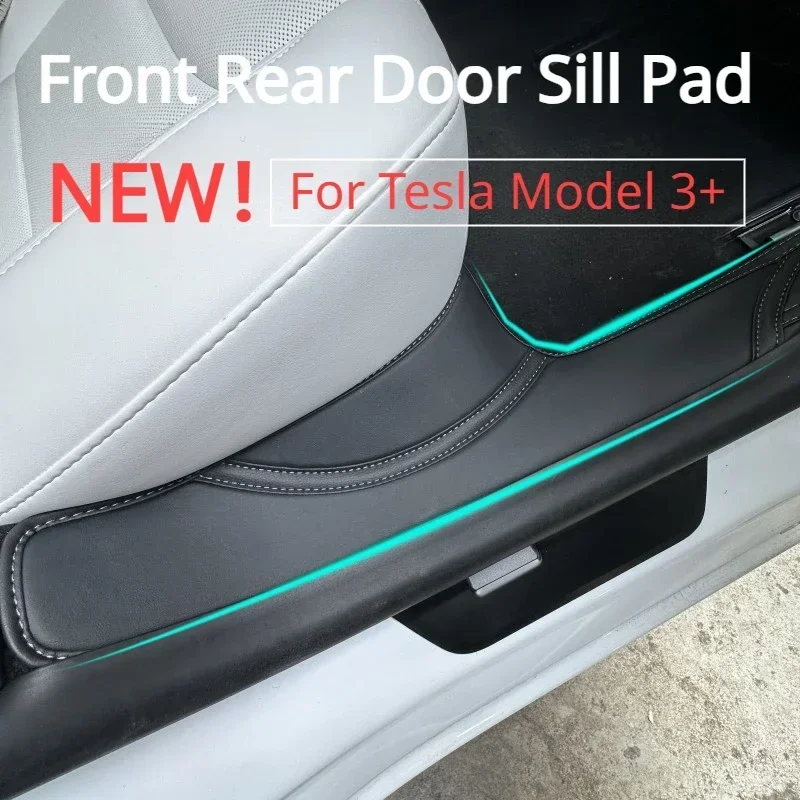 Para tesla modelo 3 + porta traseira dianteira peitoril almofada porta bem vindo pedal limiar tira 4 pçs couro novo model3 highland 2024 acessórios