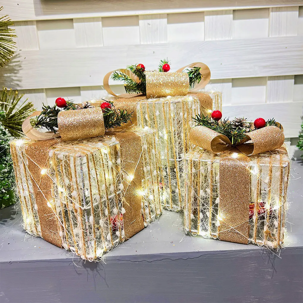 3pcs Christmas Glowing Gift Box Decoration Ornament With Bow Christmas Lighting Box Outdoor Lighting Christmas Decoration