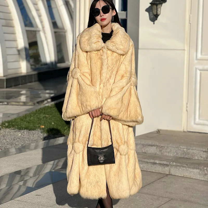 2024  New Winter Whole Skin Fur  Rabbit Hair Fashionable Contrast Lapel Young Medium And Fur Long Coat Lady  Woman