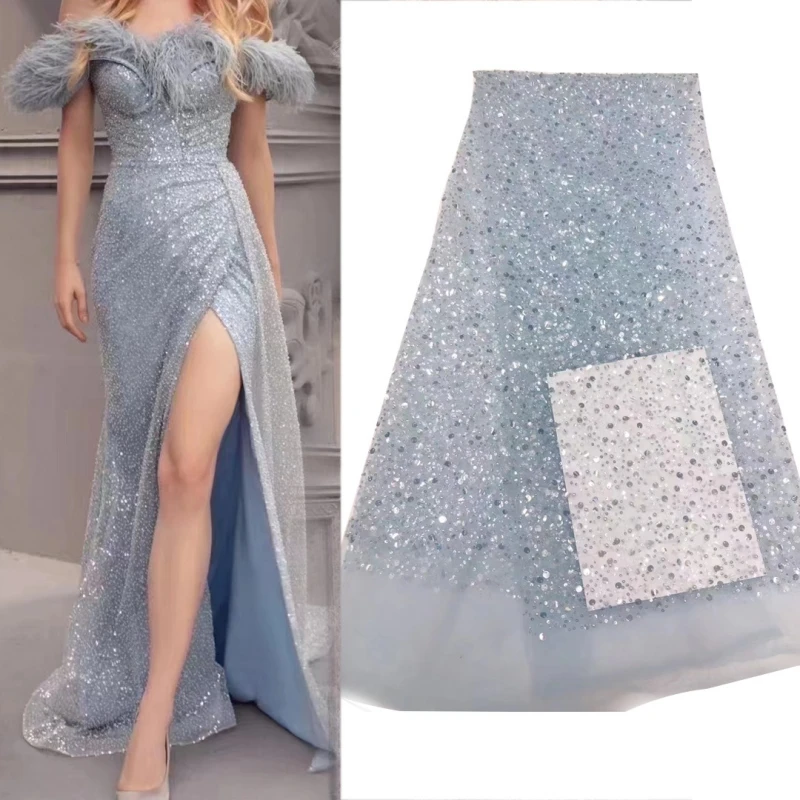 

Sky Blue Hot Sale Fadhion Design Africa Glitter Fabric Embroidery Net Lace With Glued Glitter Sequins Wedding Or Party Dress