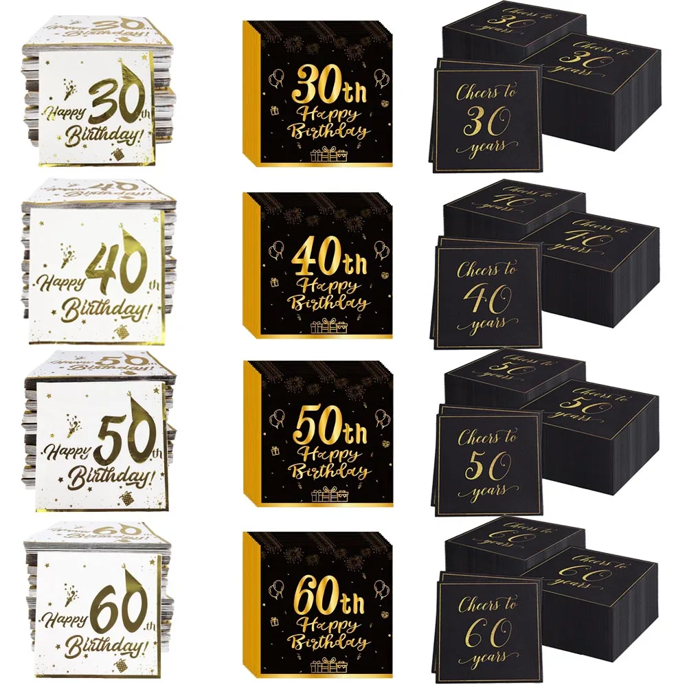 20-60 قطعة 30th 40th 50th 60th سنة منديل ورقي للاستعمال مرة واحدة الذهب الأبيض الذهب الأسود الذكرى المناديل حفلة عيد ميلاد ديكور #1