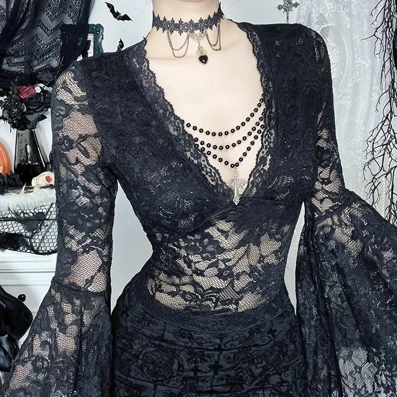 

Dark Lace Style V-Neck Beads Chain Top Women's Fashionable Halloween New Arrival Sexy Style Polyester Long Sleeve Blouse