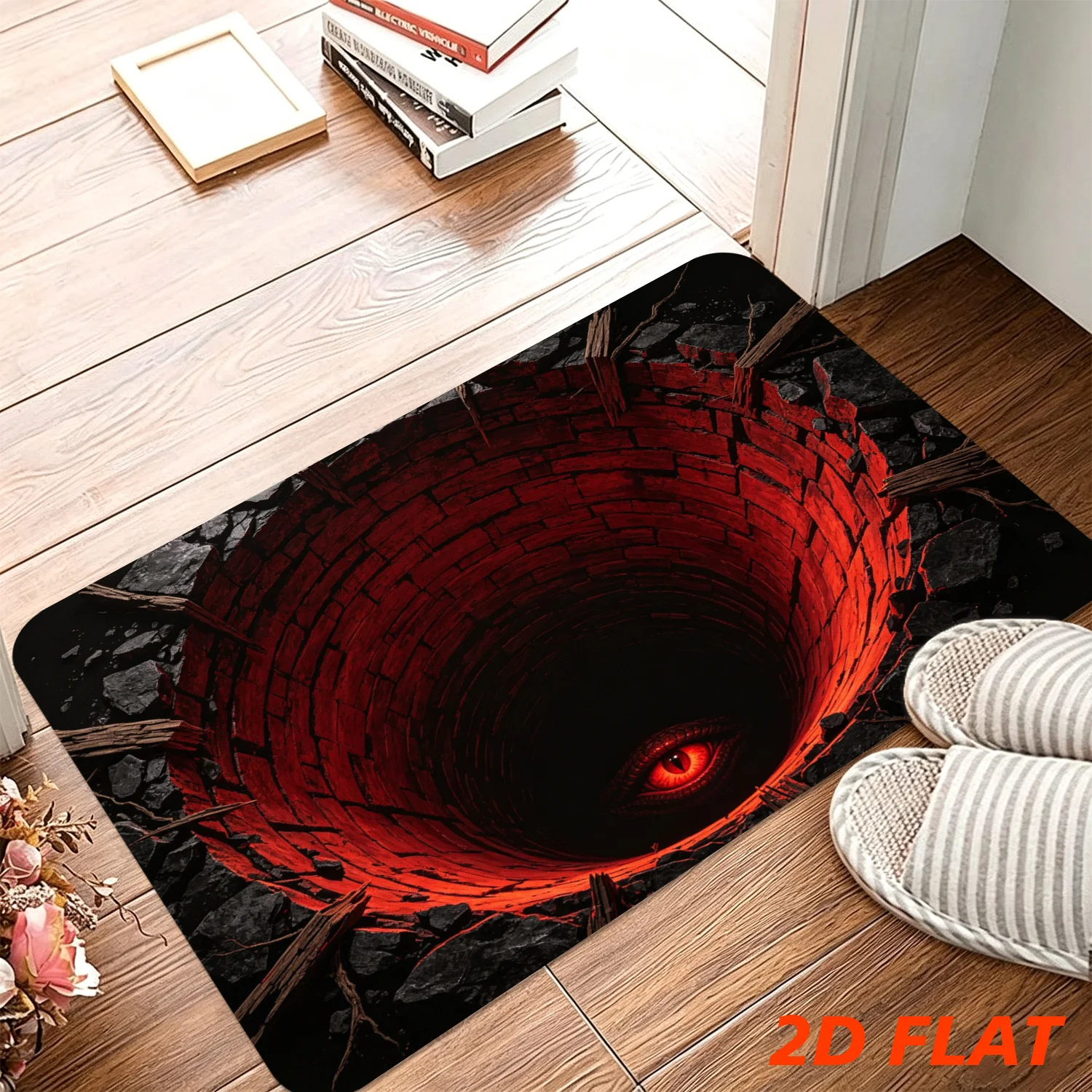 Demon Red Eye Vortex Optical Illusion Area Rug, Dark Horror Red Brick Pit‑themed Floor Decor, Soft Machine‑washable Ornament