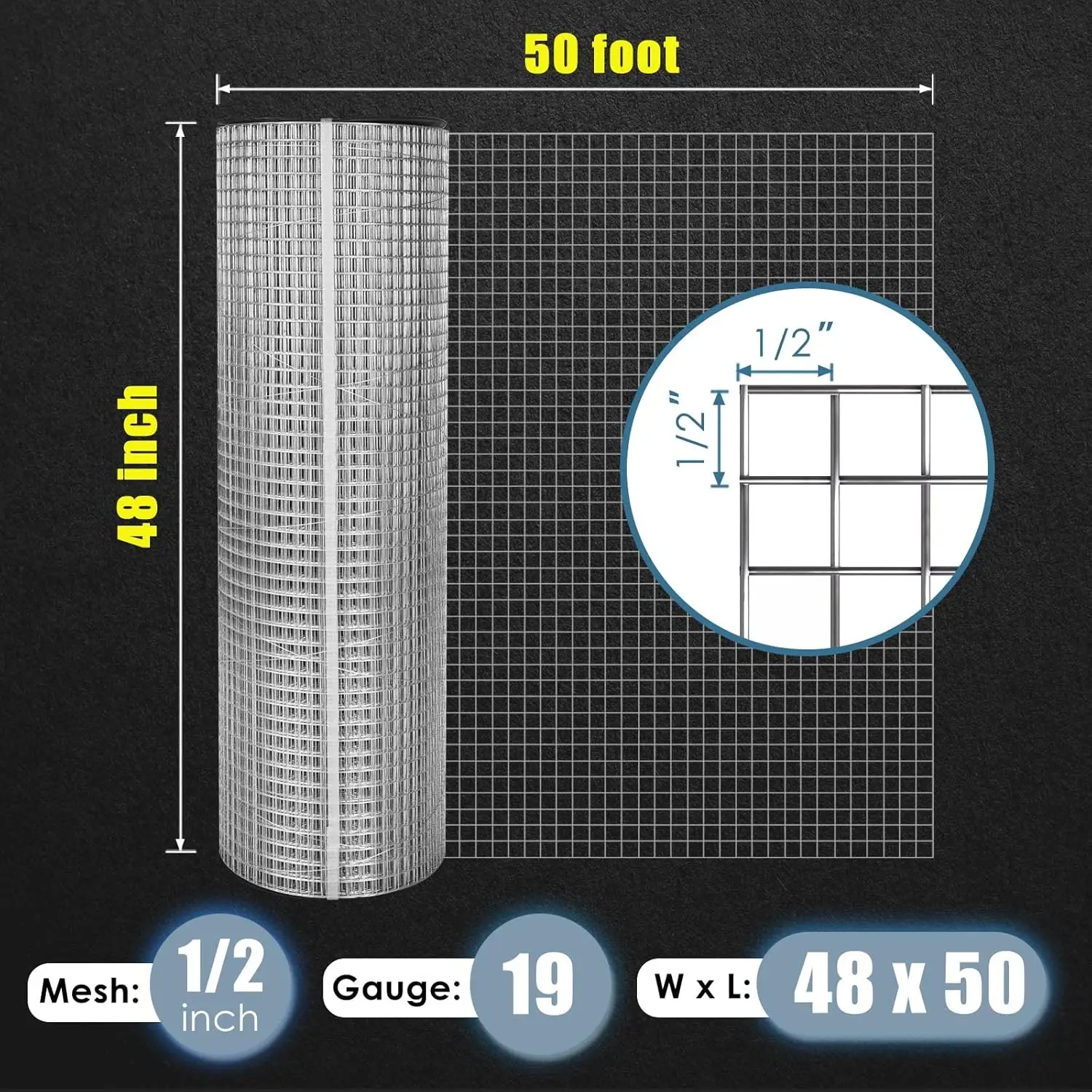 

19 Gauge Hardware Cloth 1/2 inch 48 x 50 ft, Hot-Dip Galvanized After Welding, Chicken Wire Mesh Roll Welded Wire Fencing