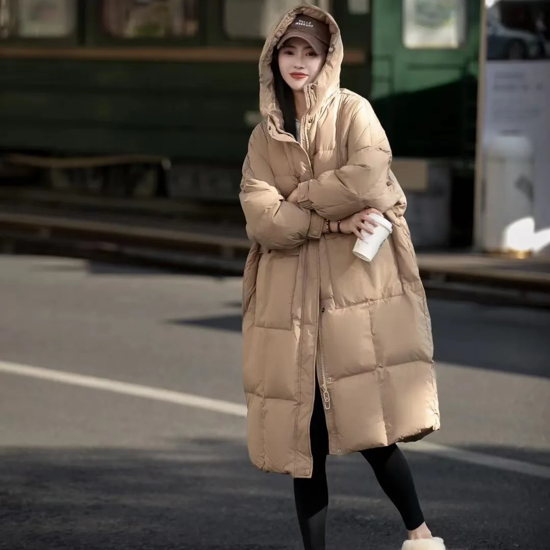 Women\'s Winter Coats 2024  Solid Color Long Down Coats Hooded Vintage Thick Warm 90% White Duck Down Oversize Woman Coat