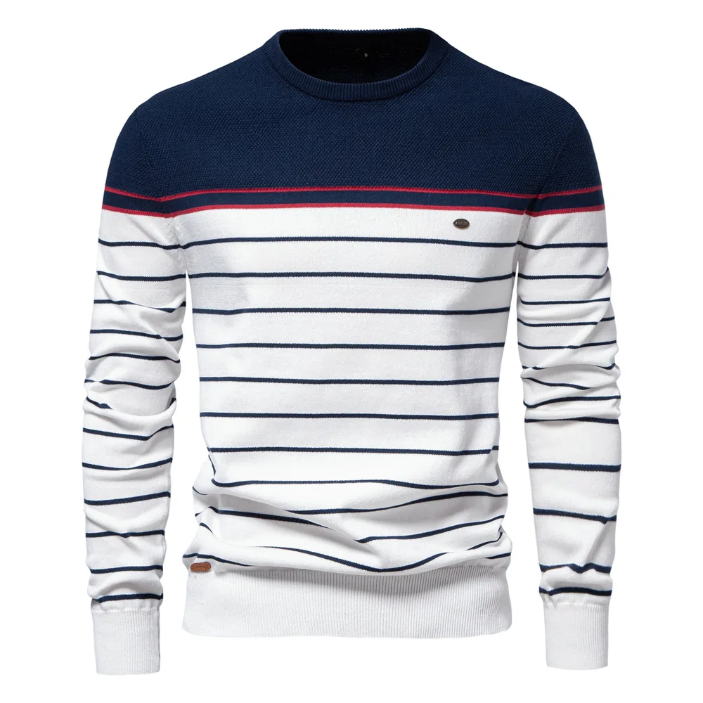 Autumn Mens Sweater High-quality Round Neck Stripe High Elasticity Pullover Men Fashion Casual Stripe Knit Sweaters Men Clothing