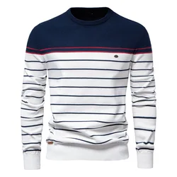 Autumn Mens Sweater High-quality Round Neck Stripe High Elasticity Pullover Men Fashion Casual Stripe Knit Sweaters Men Clothing