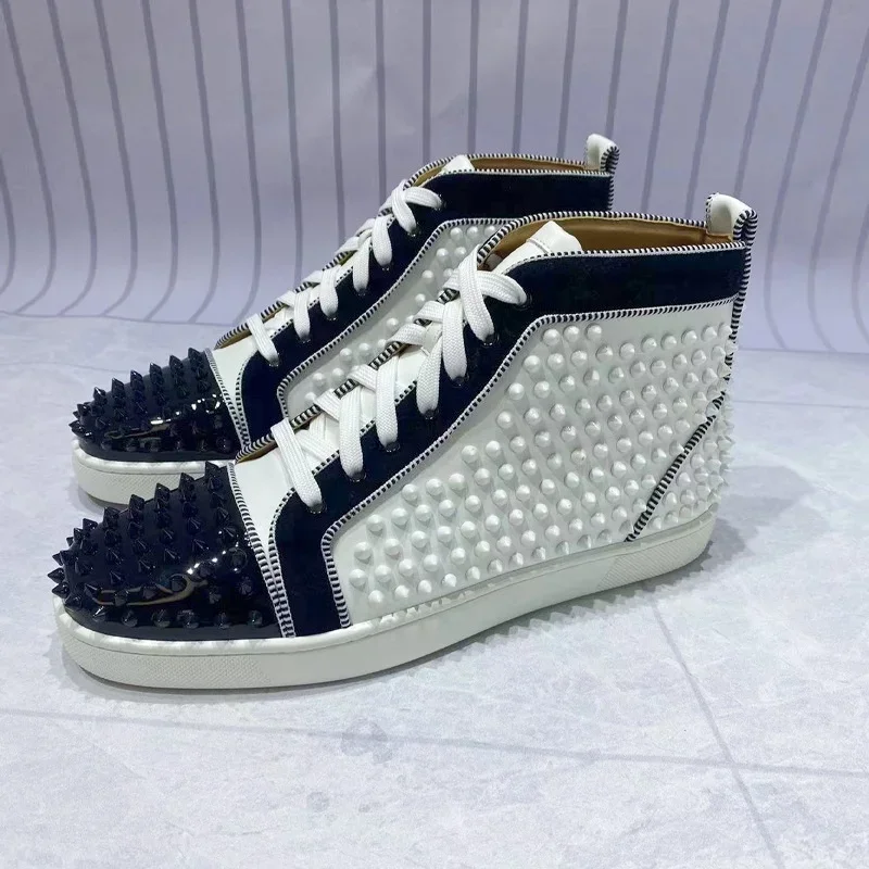 Fashion Designer Classic Rivets Lace Up Flat Men's Sports Shoes High-Top Leather Comfort Mixed Color Luxury Men's Casual Sneaker