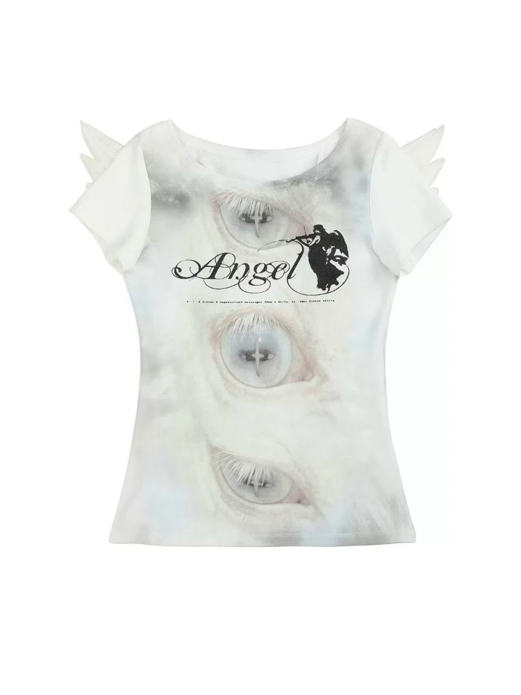 Y2k Vintage Angle Wings Patchwork T-shirt Short Sleeve Women Streetwear Subculture Retro Chic O-neck Bodycon Spring Summer