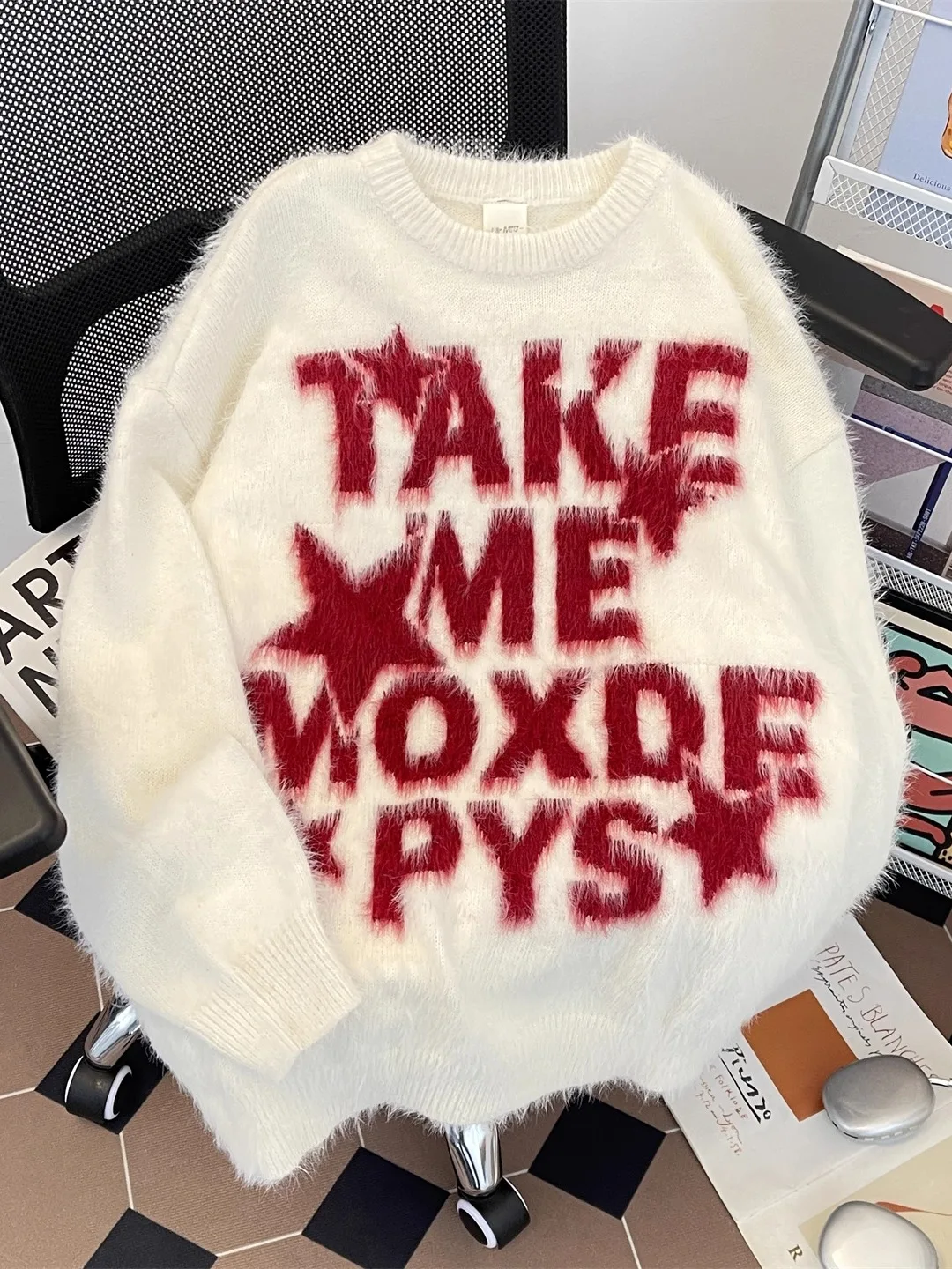 

Американский ретро-стиль из норки с вышивкой букв, круглый свитер Ne для мужчин и женщин, осень-зима, ленивый Sle Cleanfit, вязаный повседневный свитер