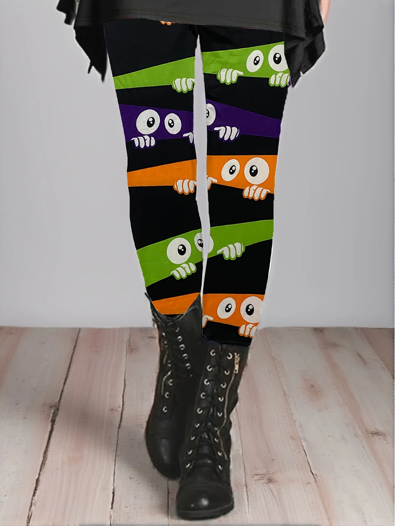 Women Fleece Lined Leggings Halloween Monster Eye Stripe Print Stretch Party Pants