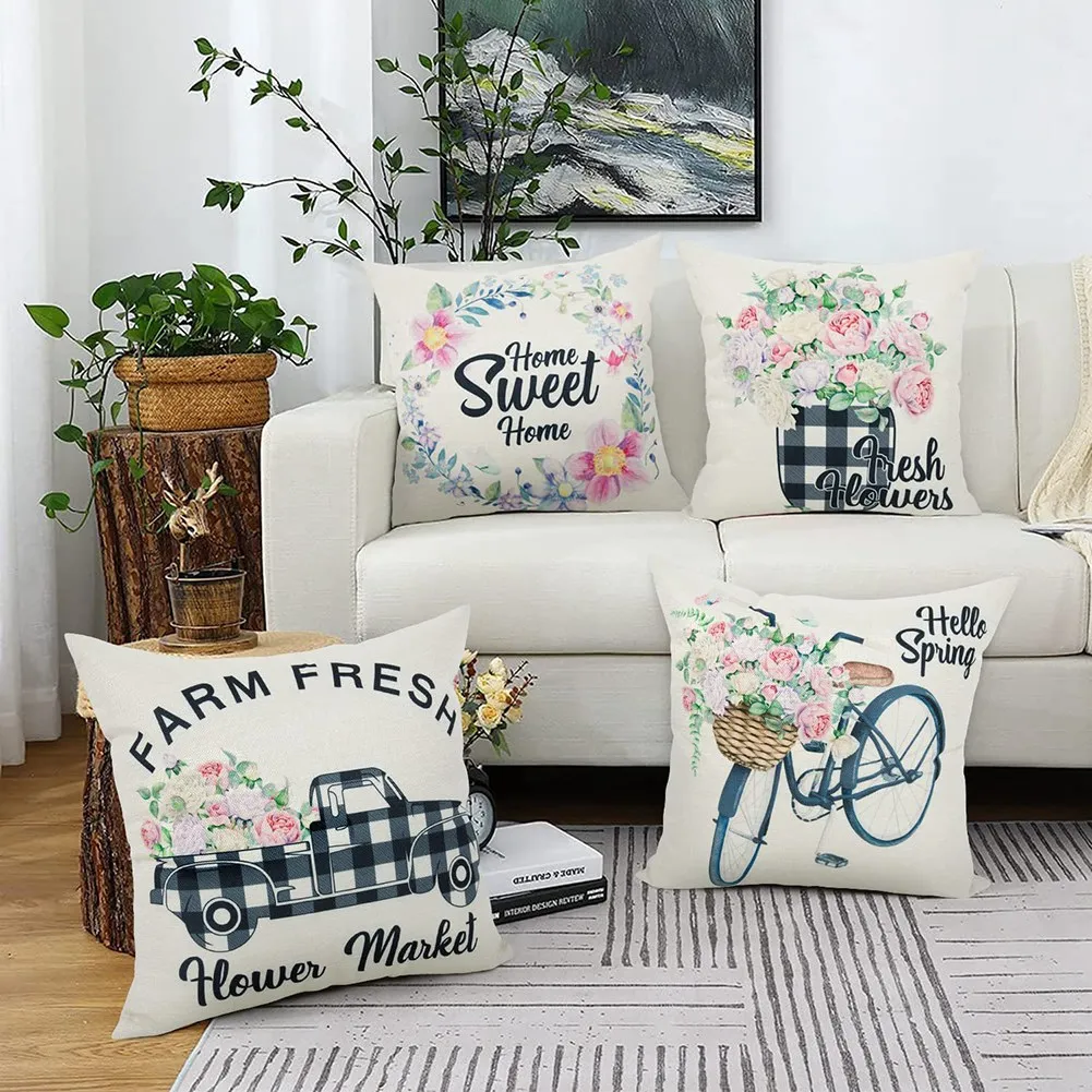A56T-Spring Pillow Covers 18X18 Set Of 4 Outdoor Farmhouse Throw Pillows Spring Decorations Cushion Cases For Home Decor