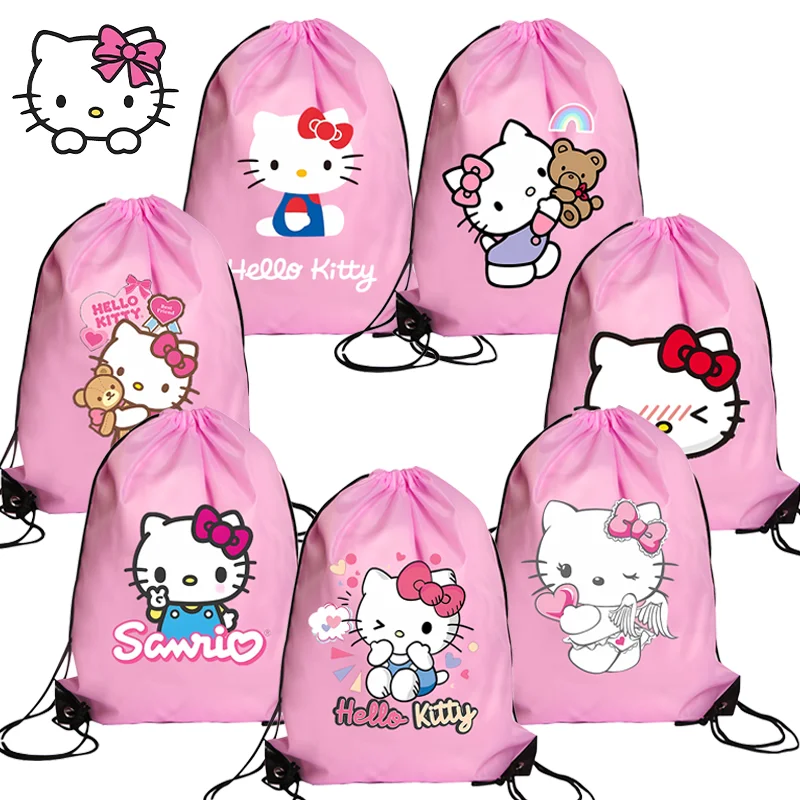 Hello Kitty Drawstring Bag Sports Waterproof Backpack Bundle Pocket Cartoon Anime Terylene Basketball Bags Birthday Cute Gift