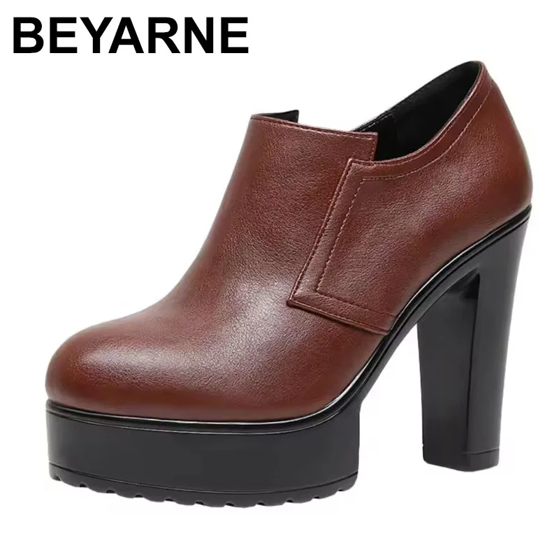 

12cm Retro Elegant Women's Shoes Soft Leather Oxfords Deep Mouth Autumn Block High Heel Shoes Thick Platform Pumps Office