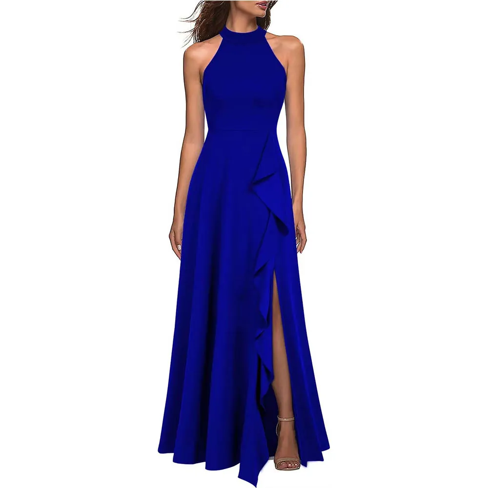 Customized Womens Bridesmaid Royal Blue Halter Neck Maxi Dress Flowy Ruffle Formal Gown For Bridal Shower Wedding Party Dresses