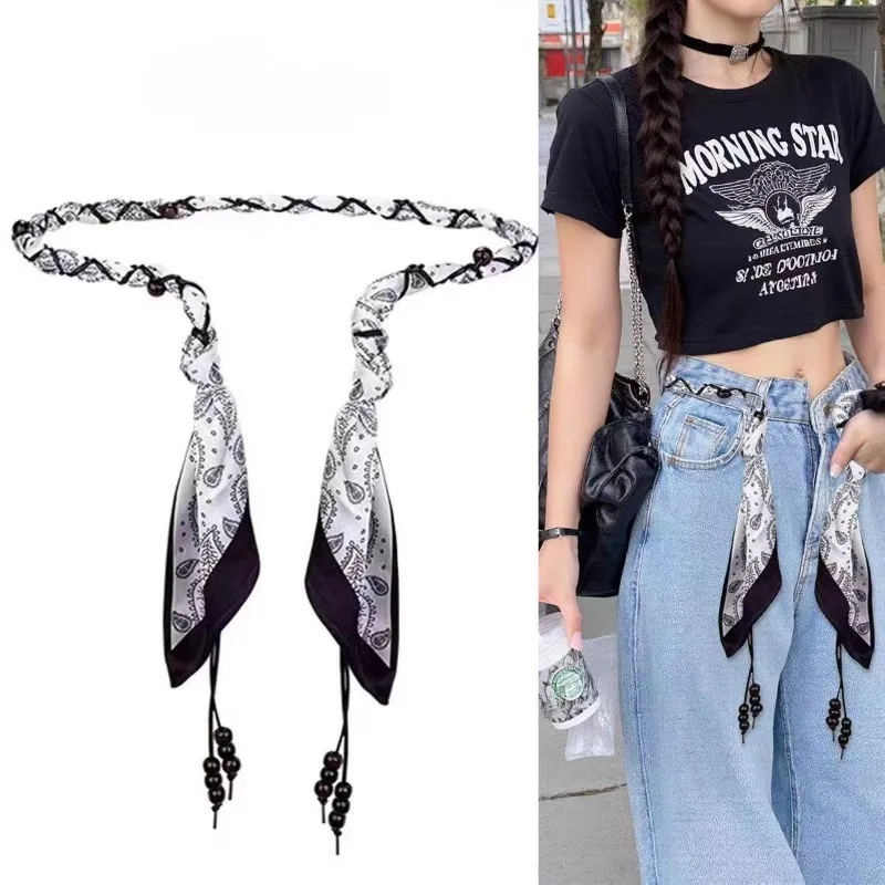 Fashionable Ethnic-Style Vintage Silk Scarf Handmade Nylon Waxed Cord Belt – Elegant and Versatile Decorative Cord for Jeans