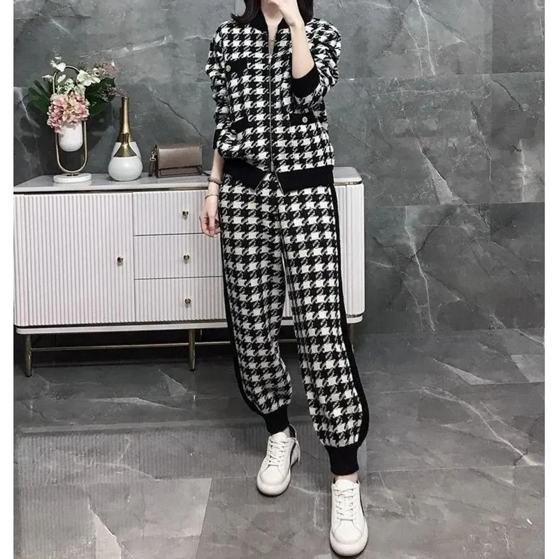 

Black Houndstooth Knitting Sweatshirt Two Piece Set Fall Winter Fashion Casual Plaid Zipper Cardigan And Harem Pants Tracksuit