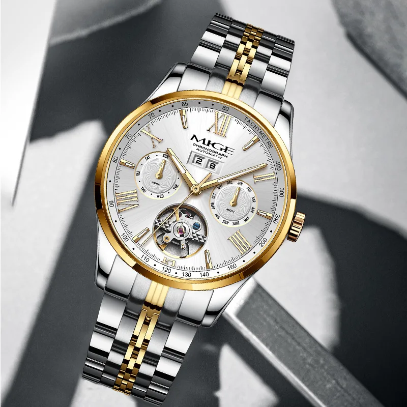MIGE Original MIYOTA Men's Watches Mechanical Automatic Watch Waterproof Luminous Calendar Week Wristwatch Stainless Steel