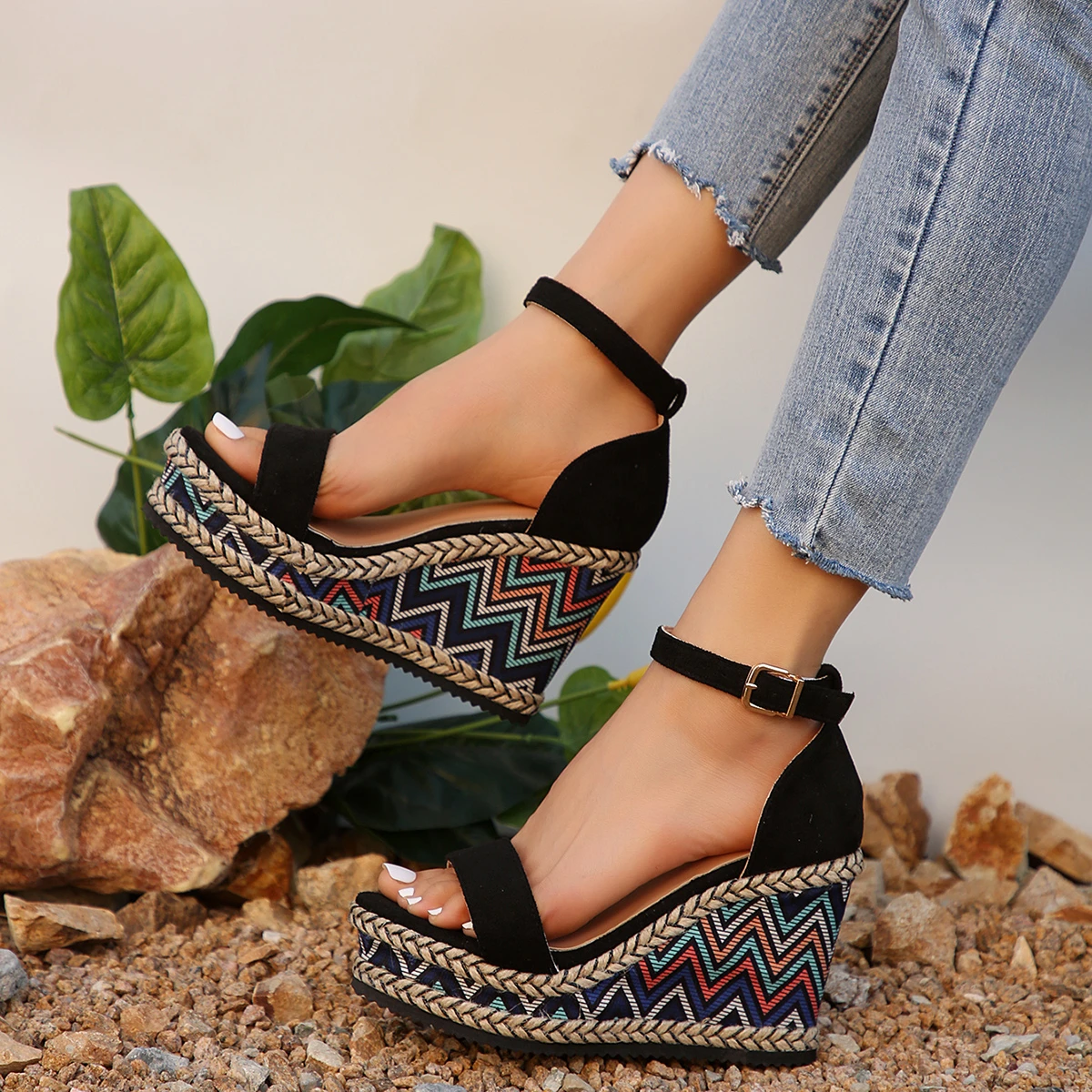 صندل نسائي مفتوح من الأمام ، أسافين نعل أحادي اللون ، كعب عالي ، حذاء غير رسمي ، نسيج صيفي ، موضة جديدة ، مقاس 42 ، #4