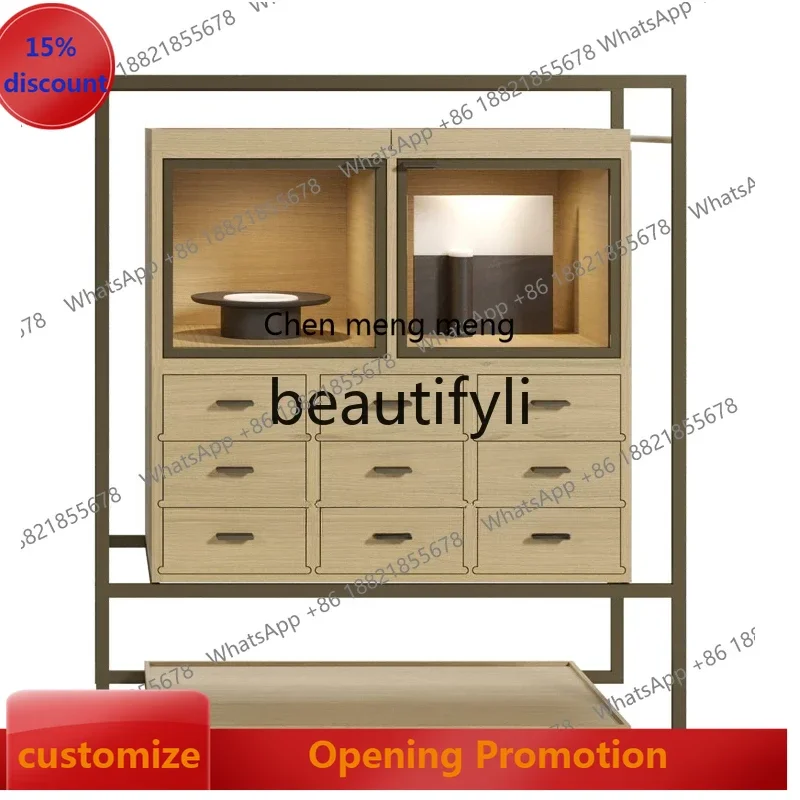

S7486teae Stainless steel side cabinet Hotel simple sideboard cabinet Club light luxury ash wood wine high cabinet