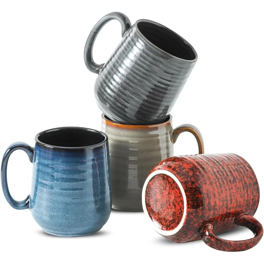 

Set of 4 12 Oz Stoneware Coffee Mugs with Large Handle for Coffee Tea Coco Latte - Colorful Rustic Design Dishwasher and Microw