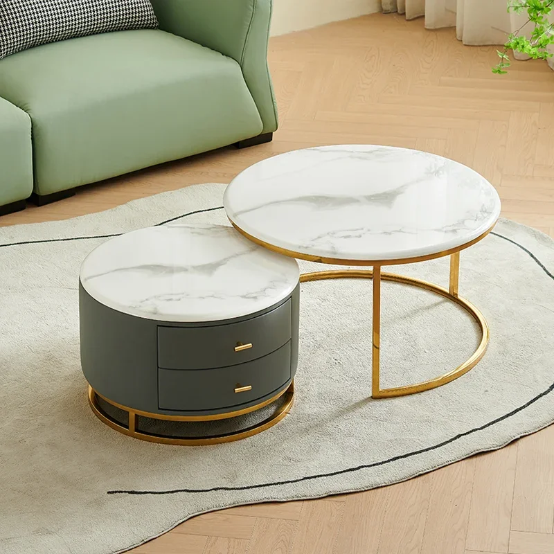 

Natural luxury stone round coffee table retractable marble table living room household microcrystalline stone tea