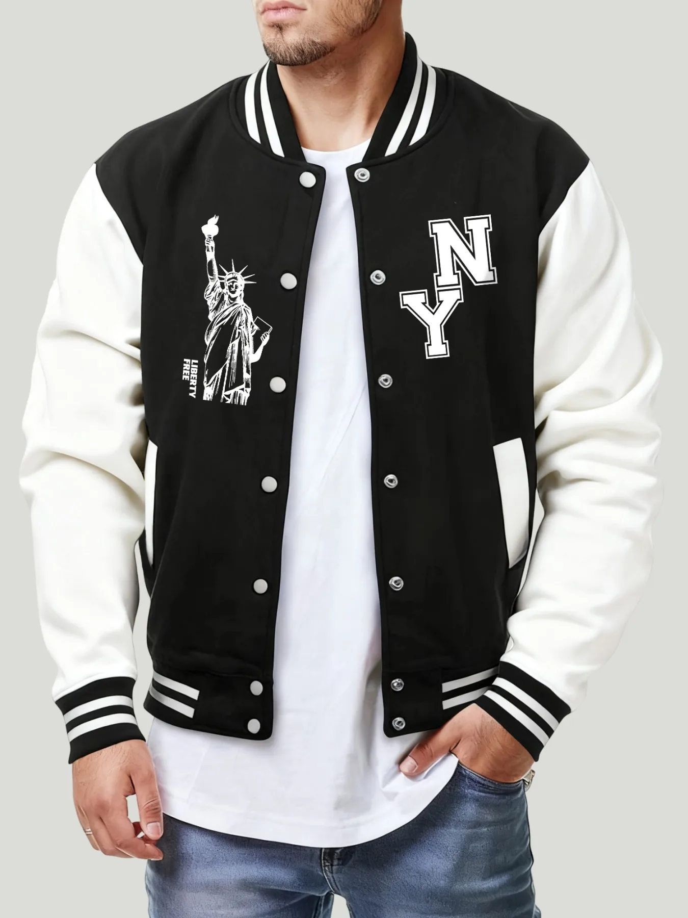 

New York Statue Of Liberty Pattern Men Streetwear Hip Hop Button Jacket Casual Oversize Baseball Jersey Autumn Soft Top For Male