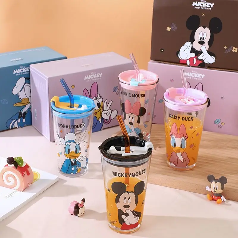 Disney series Winnie the Pooh Lotso Daisy Mickey Minnie Donald Duck cute creative cartoon pattern glass water cup with straw