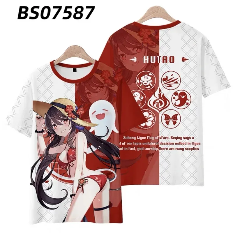 Genshin impact hu tao bikini 3d press ã o camiseta ver ã o moda em torno do pesco ç o manga curta quimono popular jogo streetwea