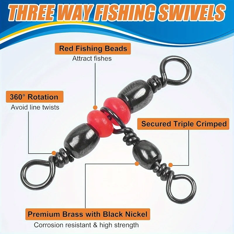 Fishing 3- Way Swivels, Packaged in 25 or 50pcs, Featuring Triple T- Shaped Tube Swivels for Cross Line Connection