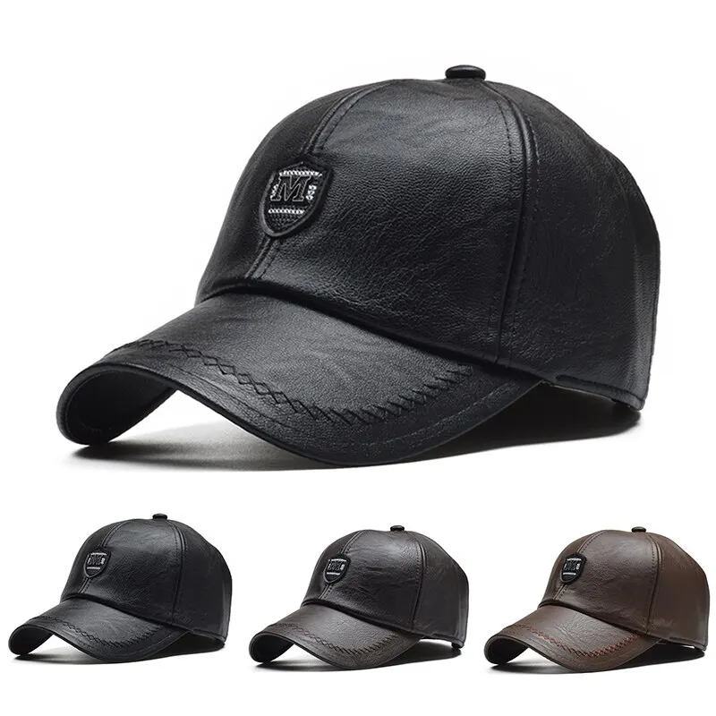 M Label Pu Leather Baseball Caps Spring and Autumn Outdoor Adjustable Casual Hats Sunscreen Hat