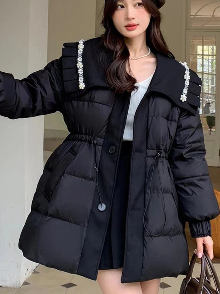 2024 Winter Parkas Chic Beading Cotton Padded Jacket Women Casual Drawstring Coat Oversized Female Puffer Jacket Fashion Outwear