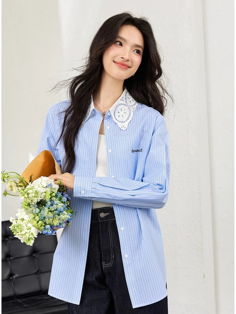 VIMLY 女性ブルーストライプシャツ 2025 春秋ファッションシックなレーストリム刺繍長袖トップオフィスウェア Cothes A1930