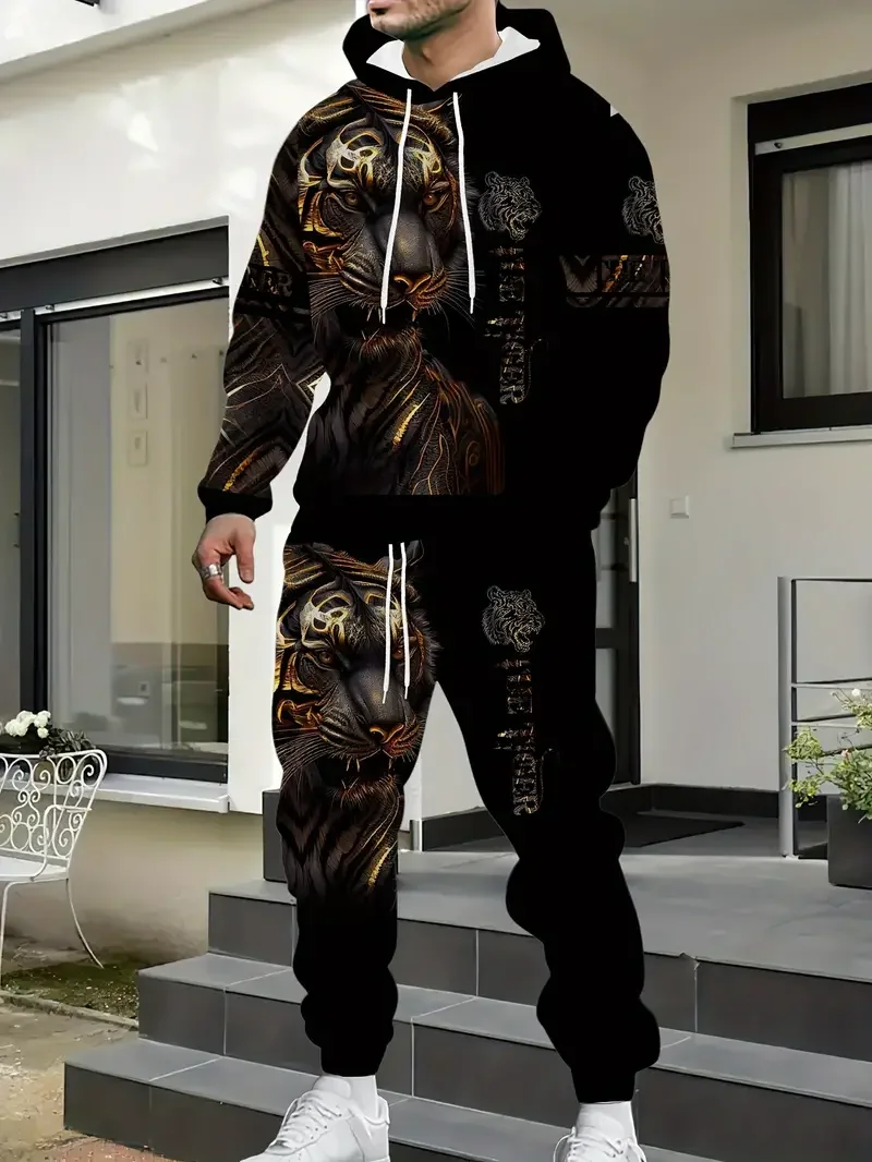 New Lion King Pattern Men's Hoodies Set 3d Printed Animal Clothing long Sleeves+ pants  2-pcs Casual Fashion Tracksuits