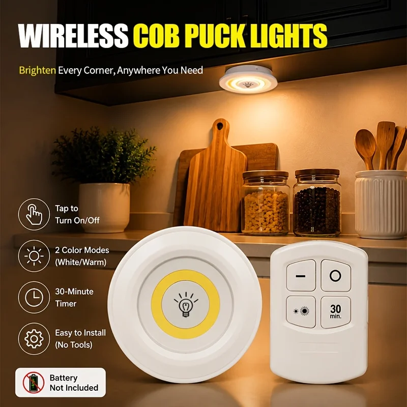 3pcs LED Cabinet Light with Remote Control, Smart Remote Control Dimming (with Timer Function), White Light, Easy Installation