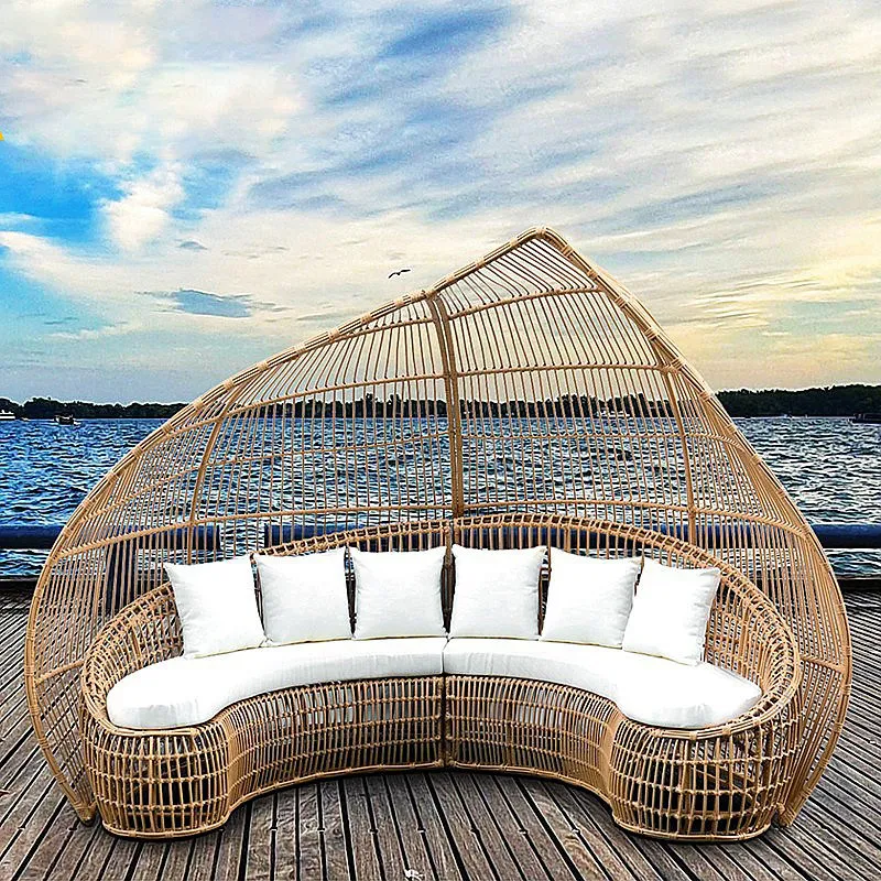 hr-Creative Outdoor Modern Rattan Sofa Set Waterproof UV-Resistant PE Woven Lounge Daybed for Hotel Villa Resort Courtyard