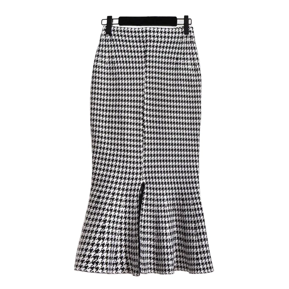 Trumpet Houndstooth Vintage High Waist Buttons Women\'s Skirt Mermaid Mid-Calf Long Skirts For Women Women Clothing Fashion 2024