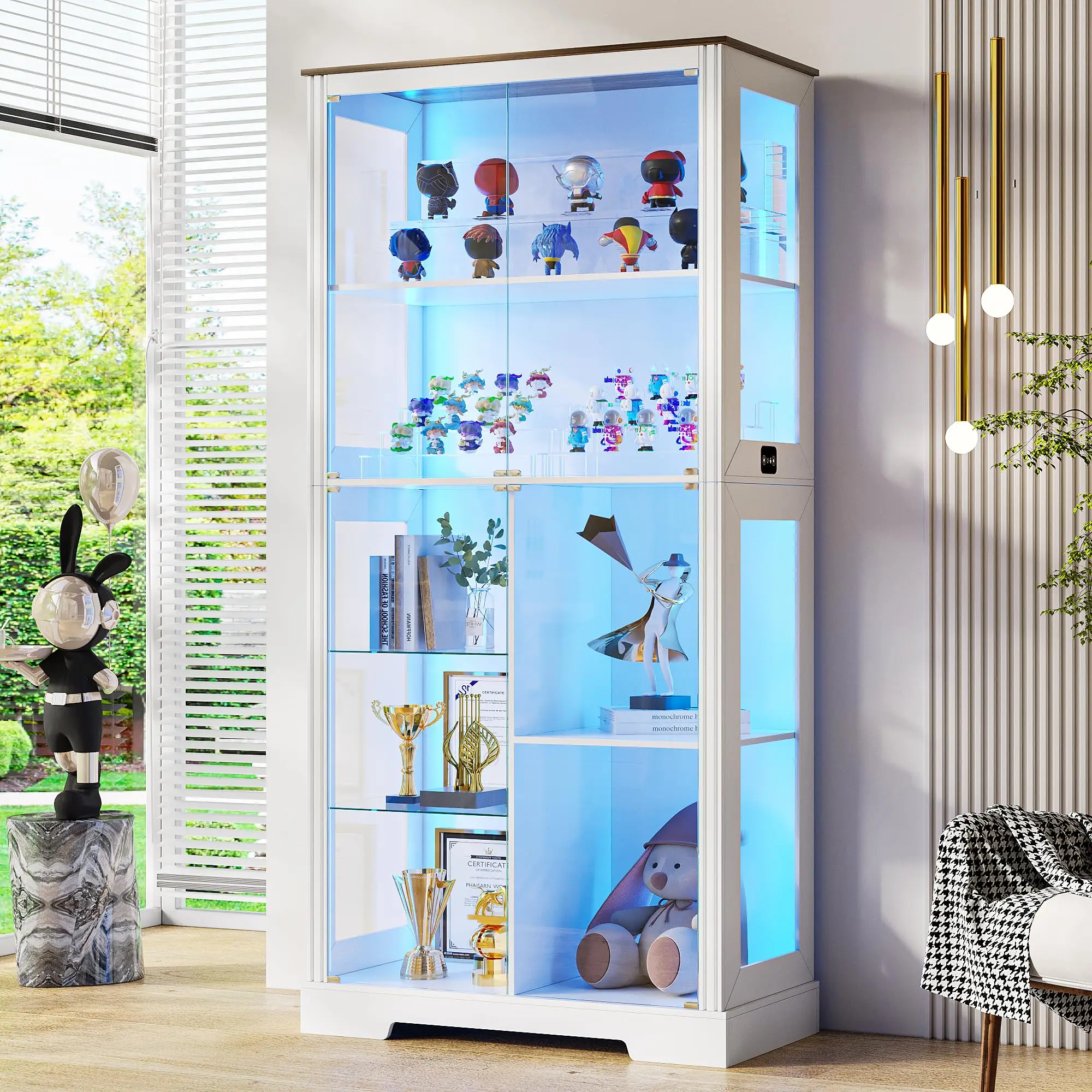 71” Display Cabinet with Glass Doors and Auto Sensor Lights - White