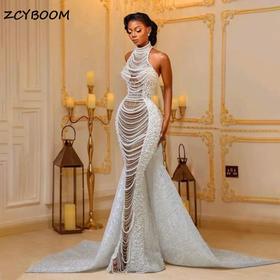 Luxury Beaded Sequin Pearls Mermaid African Evening Wedding Dresses 2025 Halter Neck Court Train Tulle Bridal Gowns For Women