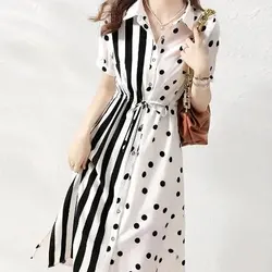 Stylish Polka Dot Printed Striped Spliced Dresses Female Commute Polo-Neck Drawstring Summer Casual Single-breasted Midi Dress